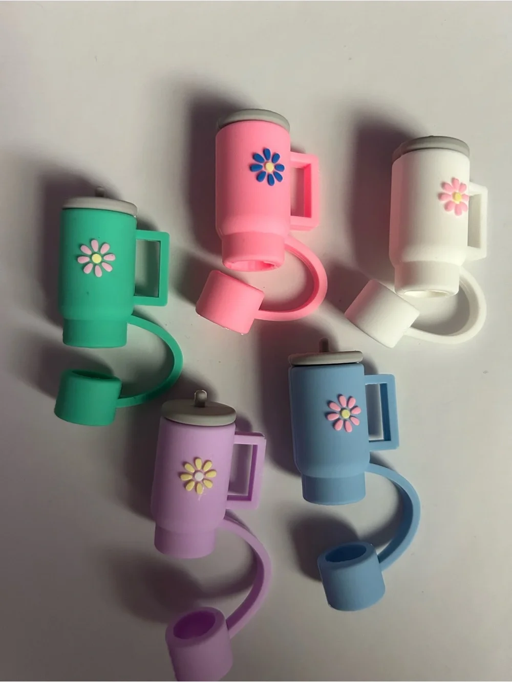 Set of 5 Stanley Travel Mug Silicone Straw Toppers - Pink Purple Green White